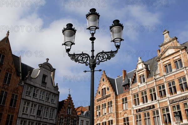 Street lamp in front of historic building view, Market Square, Bruges, UNESCO World Heritage Site, West Flanders, Flemish Region, Belgium