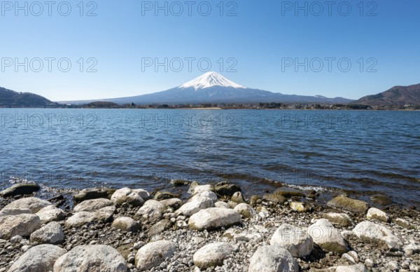 Lake Kawaguchi with volcano Mt. Fuji, Yamanashi Prefecture, Japan