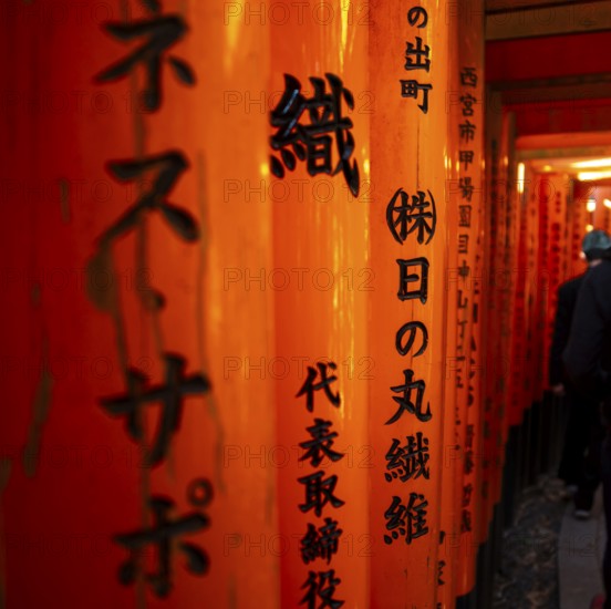 Japanese characters detail, hundreds of red traditional torii gates, Fushimi Inari-taisha, Shinto shrine, Fushimi Inari-taisha Okusha Hohaisho, Kyoto, Japan
