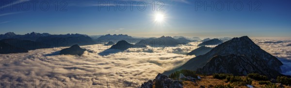 Panoramic picture, alpine panorama with Berchtesgaden Alps, Loferer Steinberge, Wilder Kaiser and Chiemgau Alps, fog in the valley, Hochsraufen, Upper Bavaria, Bavaria, Germany