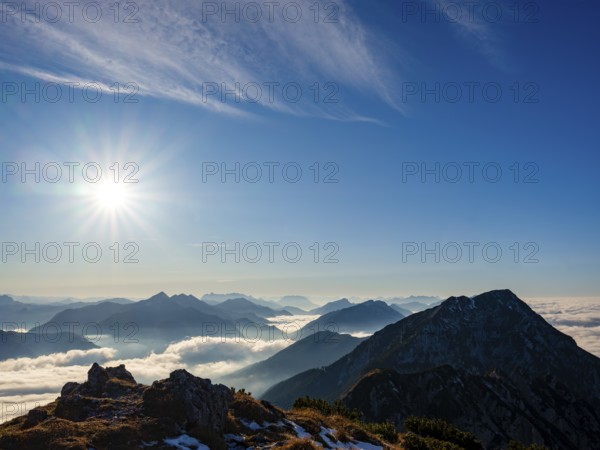 Blue-colored silhouette of mountains, fog in the valley, Hochstaufen, Chiemgau Alps, Upper Bavaria, Bavaria, Germany