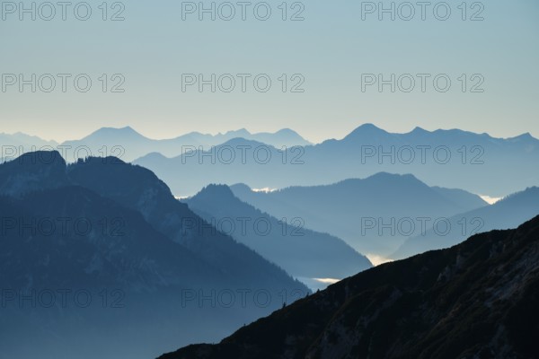 Blue-colored silhouette of mountains, Chiemgau Alps, Upper Bavaria, Bavaria, Germany