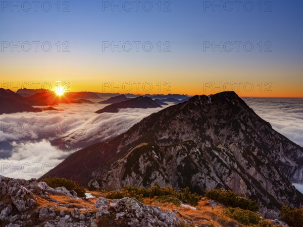 Alpine panorama at sunset, fog in the valley, Hochstaufen, Chiemgau Alps, Upper Bavaria, Bavaria, Germany