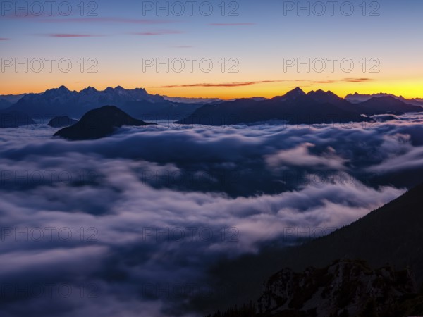 Alpine panorama at dusk, fog in the valley, Hochstaufen, Chiemgau Alps, Upper Bavaria, Bavaria, Germany