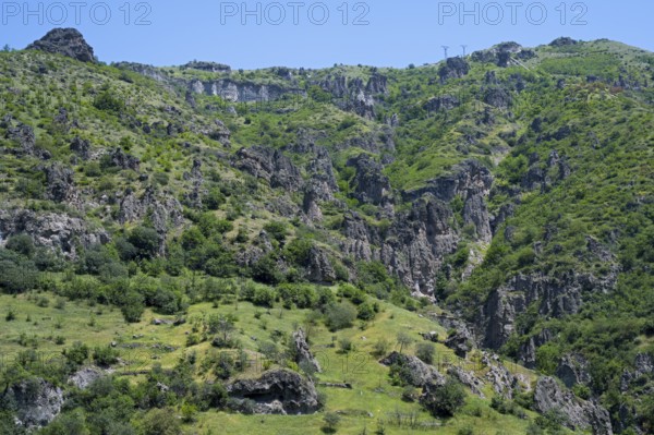 Green landscape with rocky gorge and lush vegetation, landscape near Goris, Hoodoos, Syunik province, Syunik, Armenia