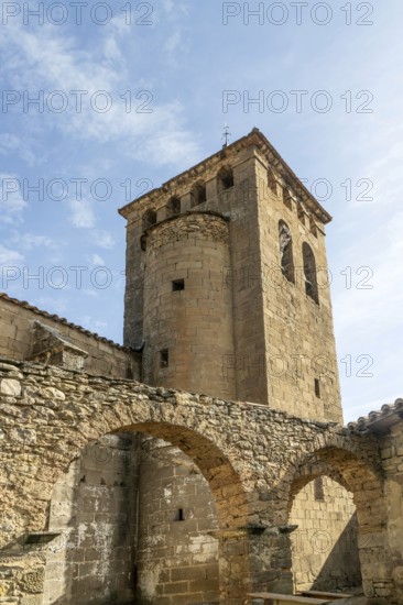 Historic church tower medieval village of Longás, Val d'Onsella, Zaragoza province, Aragon, Spain