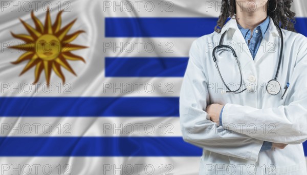 Medical professional on Uruguay flag. Healthcare and wellness in Uruguay, Concept