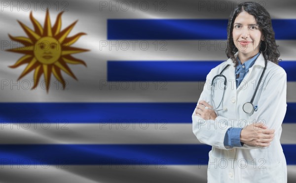 Uruguayan medicine and healthcare concept. Doctor close up against Uruguay flag background
