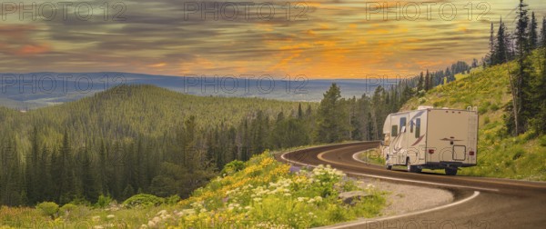 Camper driving down road in the beautiful countryside among pine trees and flowers