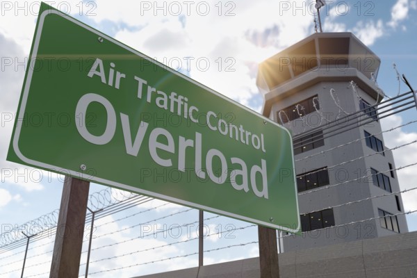 Air traffic control overload green road sign in front of air traffic control tower