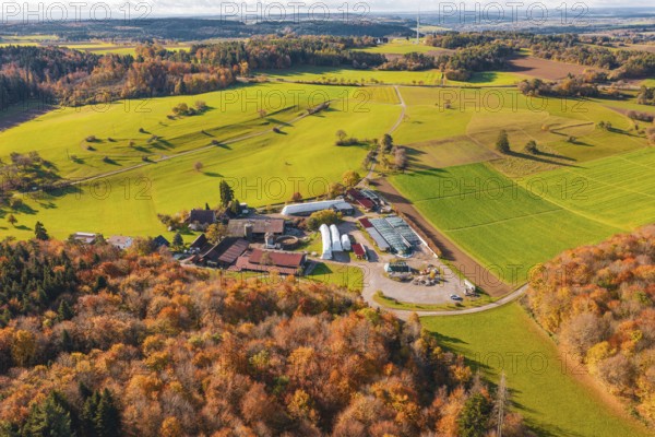 Farmhouse in a vast landscape with green fields and colorful autumn trees, Haselstaller Hof, Gechingen, Germany