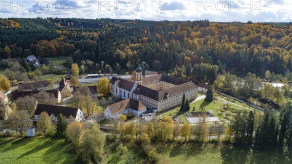 Aerial view of the Cistercian Abbey of Oberschönenfeld in the Augsburg Western Forest nature park Park, administrative district of Swabia, Bavaria, Germany