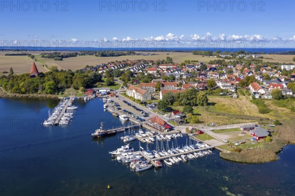 Aerial view over sailing boats in the harbour, marina of the village Kirchdorf in the Bay of Greifswald, Sundhagen, Mecklenburg-Vorpommern, Germany