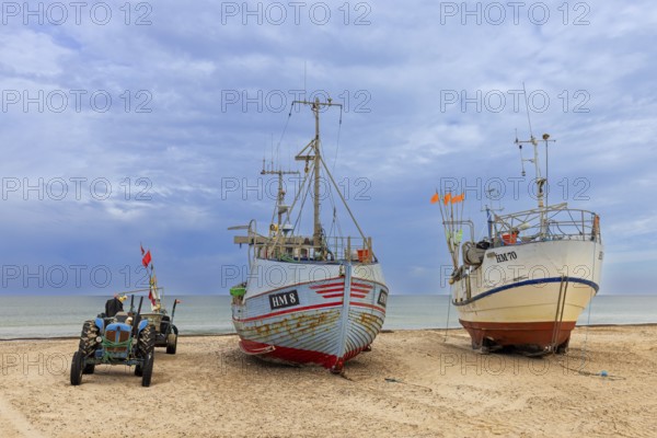 Fishing boats beached on Thorup Strand, Thorupstrand, fishing village on the Skagerrak in Jammerbugt Municipality, North Jutland Region, Denmark
