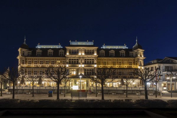Hotel Ahlbecker Hof illuminated at night in seaside resort Ahlbeck, Heringsdorf on the Isle of Usedom, Mecklenburg-Vorpommern, Germany