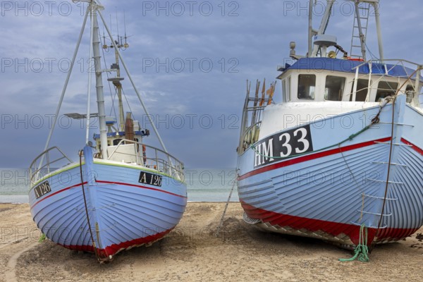 Fishing boats beached on Thorup Strand, Thorupstrand, fishing village on the Skagerrak in Jammerbugt Municipality, North Jutland Region, Denmark