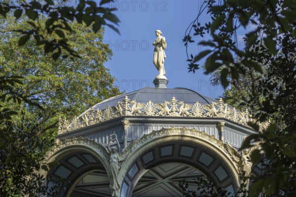 Greek Muze Erato, goddess Nike, griffins and palmettes decorating 1885 Kiosk, music pavillion at the Citadel Park, city Ghent, East Flanders, Belgium