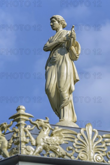 Greek Muze Erato, griffins and palmettes decorating 1885 Kiosk, music pavillion at the Citadelpark, city park at Ghent, East Flanders, Belgium