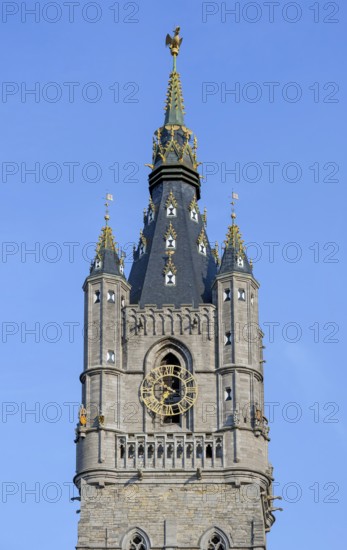 Belfry of Ghent, 91-metre-tall medieval tower with spire topped with gilded dragon in the old city centre of Ghent, Gent, East Flanders, Belgium