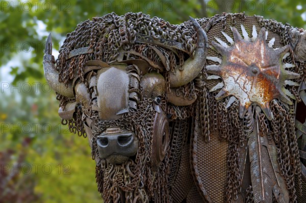 Close-up of life-size bison metal sculpture made out of discarded farm equipment, chains and bronze by American sculptor John Lopez