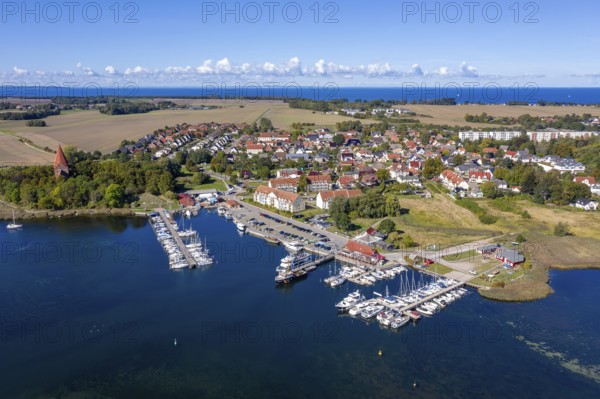 Aerial view over sailing boats in the harbour, marina of the village Kirchdorf in the Bay of Greifswald, Sundhagen, Mecklenburg-Vorpommern, Germany