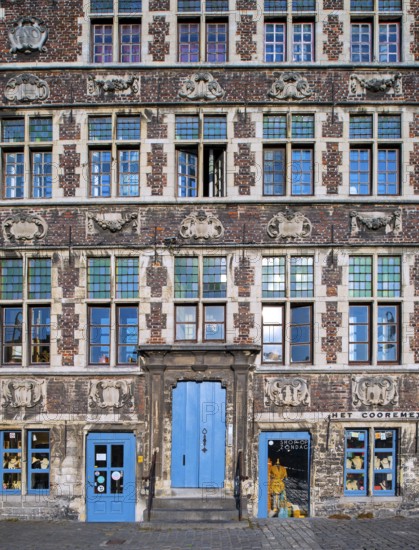 Façade of 17th century baroque guildhall Korenmetershuis at the Graslei in the city Ghent, East Flanders, Belgium
