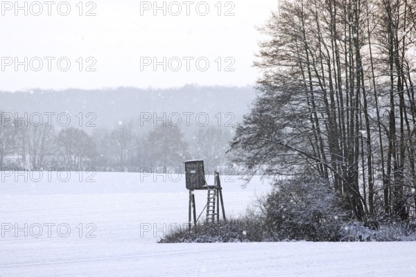 Raised hide, hunting blind, deerstand, deer stand in snow covered field at edge of forest during snow shower in winter