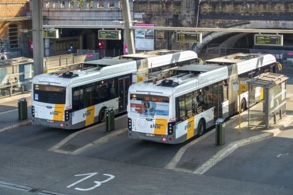 Two commuter buses at bus stop of public transport company De Lijn at train station Gent-Sint-Pieters in the city Ghent, East Flanders, Belgium
