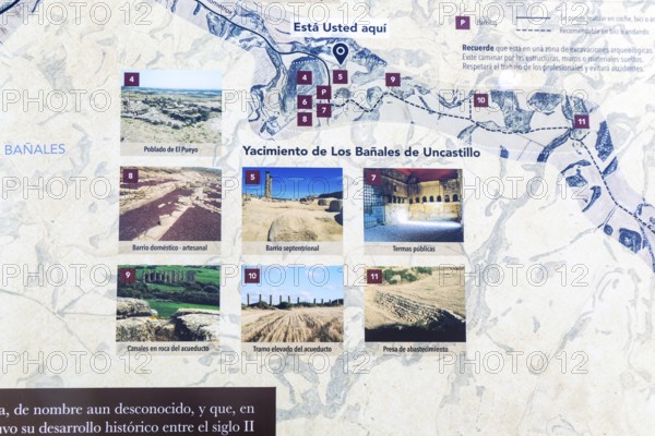 Information sign for Roman town Yacimiento de Los Banales, near Layana, Zaragoza province, Aragon, Spain