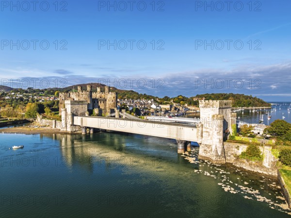 Conwy Castle over River Convy from a drone, Convy, North Wales, England, United Kingdom
