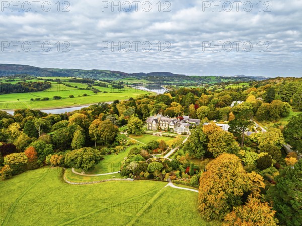 Autumn colours over Bodnant House and Garden from a drone, Conwy River, Colwyn Bay, Conwy, Wales, England, United Kingdom