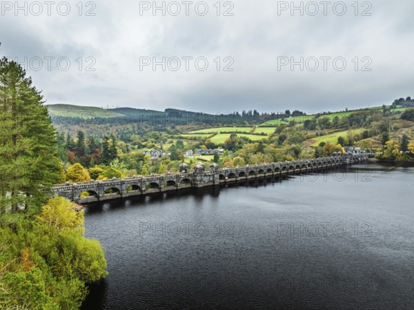 Llyn Brianne Dam and Reservoir from a drone, Lake Vyrnwy, Powys, Wales, England, United Kingdom