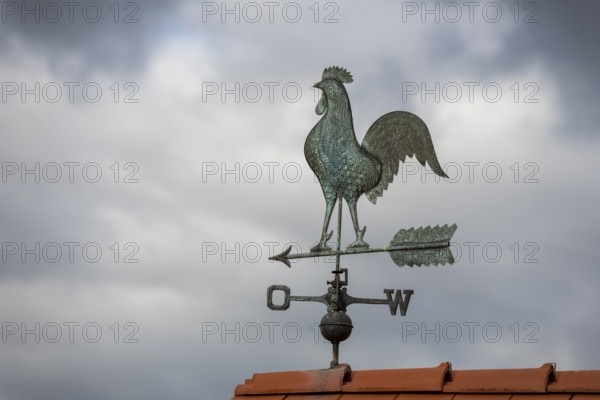 Rooster weather vane on a tiled roof against a dark cloudy sky, Baden-Württemberg, Germany