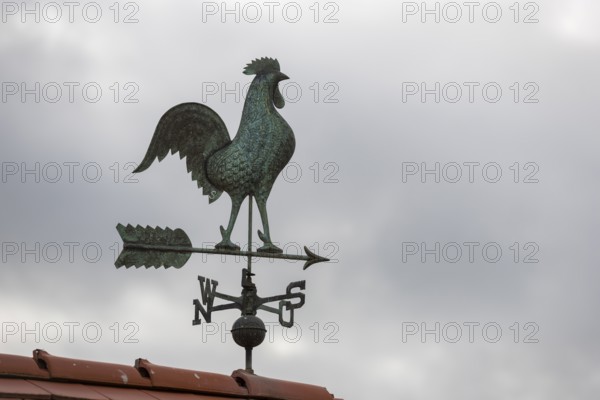 Rooster-shaped weather vane on a tiled roof against a grey sky, Baden-Württemberg, Germany