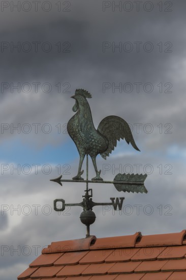 Metallic weather vane on a tiled roof, dramatic sky in the background, Baden-Württemberg, Germany