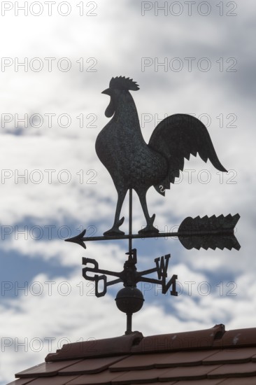 A metal weather vane mounted on a roof against a cloudy sky, Baden-Württemberg, Germany