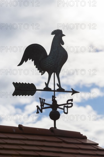 Silhouette of a metal weather cock against cloudy sky, Baden-Württemberg, Germany