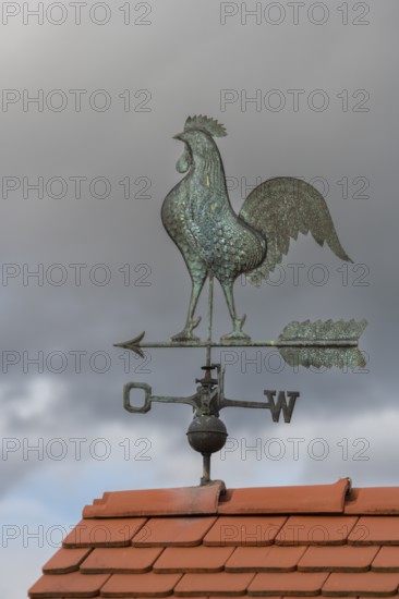 Weather vane with metal rooster on tiled roof against grey sky, Baden-Württemberg, Germany