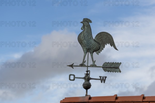 Weather vane on roof with cloudy sky, calm background, Baden-Württemberg, Germany