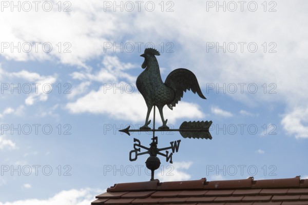 Metal weather vane against a clear sky and scattered clouds, Baden-Württemberg, Germany