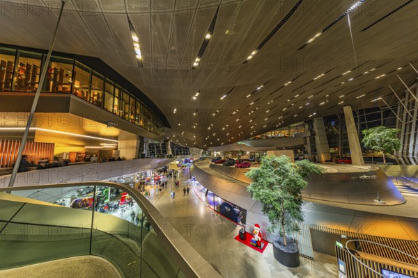 Illuminated interior of BMW world, Petuelring, Munich, Upper Bavaria, Bavaria, Germany