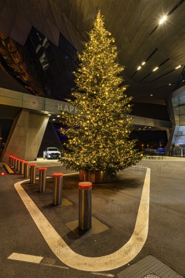 Illuminated Christmas tree in front of BMW World, Petuelring, Munich, Upper Bavaria, Bavaria, Germany