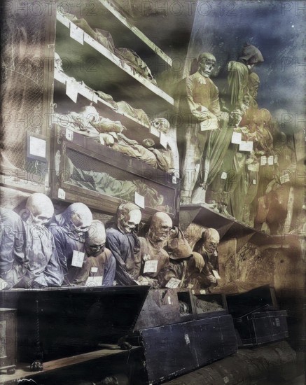 Capuchin Crypt, Le Catacombe dei Cappuccini, extensive crypt complex under the Capuchin monastery in Palermo and, with its natural mummies, one of the most famous burial sites in the world, Sicily, Italy, illustration, reproduction from a model from the 19th century. Authentic, file restored for optimal use, exact date of submission unknown, historical