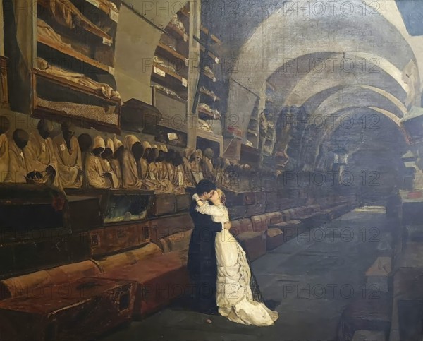 Capuchin Crypt, Le Catacombe dei Cappuccini, extensive crypt complex under the Capuchin monastery in Palermo and, with its natural mummies, one of the most famous burial sites in the world, Sicily, Italy. She uses the painting Amore e Morte, Love and Death, by painter Calcedonio Reina from 1881 as a background and contrast for a love scene, illustration, reproduction from a 19th-century model. Authentic, file restored for optimal use, exact date of submission unknown, historical