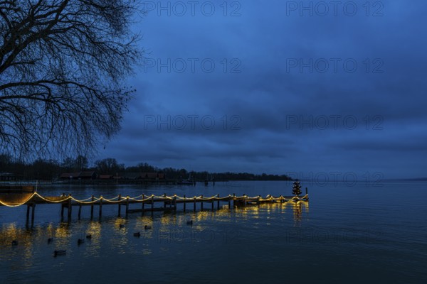 Illuminated Christmas tree at dawn, on an illuminated boat dock, Dießen am Lake Ammer, Upper Bavaria, Bavaria, Germany
