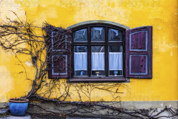 Round arch window with shutters with yellow façade, Dießen am Lake Ammer, Upper Bavaria, Bavaria, Germany