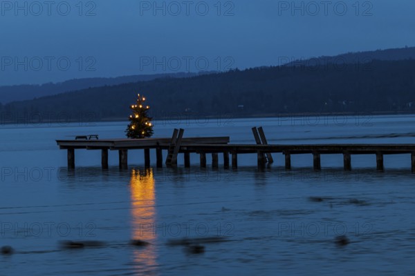 Illuminated Christmas tree at dawn, on a boat dock, Dießen am Lake Ammer, Upper Bavaria, Bavaria, Germany