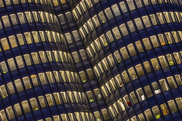 Illuminated offices at BMW headquarters, BMW four-cylinder, Petuelring, Munich, Upper Bavaria, Bavaria, Germany