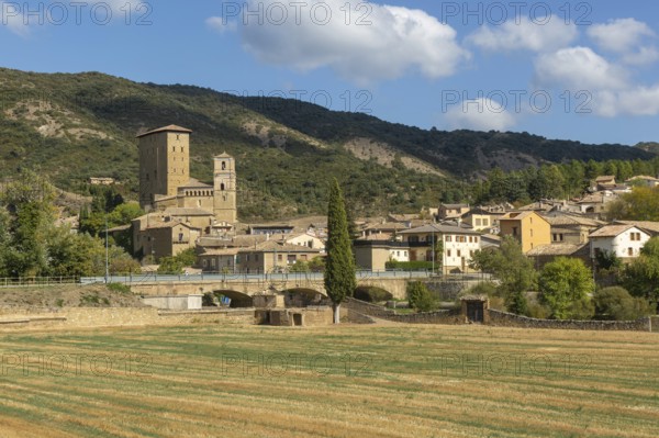 Landscape view from countryside of medieval village of Biel, Cinco Villas, Zaragoza province, Aragon, Spain