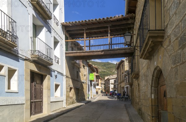 Historic buildings and street in medieval village of Biel, Cinco Villas, Zaragoza province, Aragon, Spain